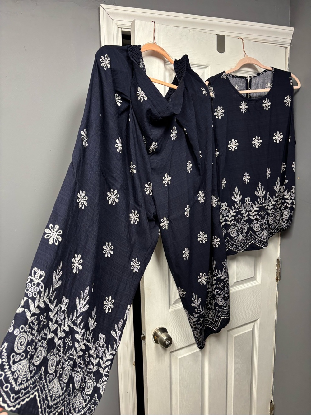 SHEIN Navy Two-Piece Embroidered Wide Leg Pants & Sleeveless Top